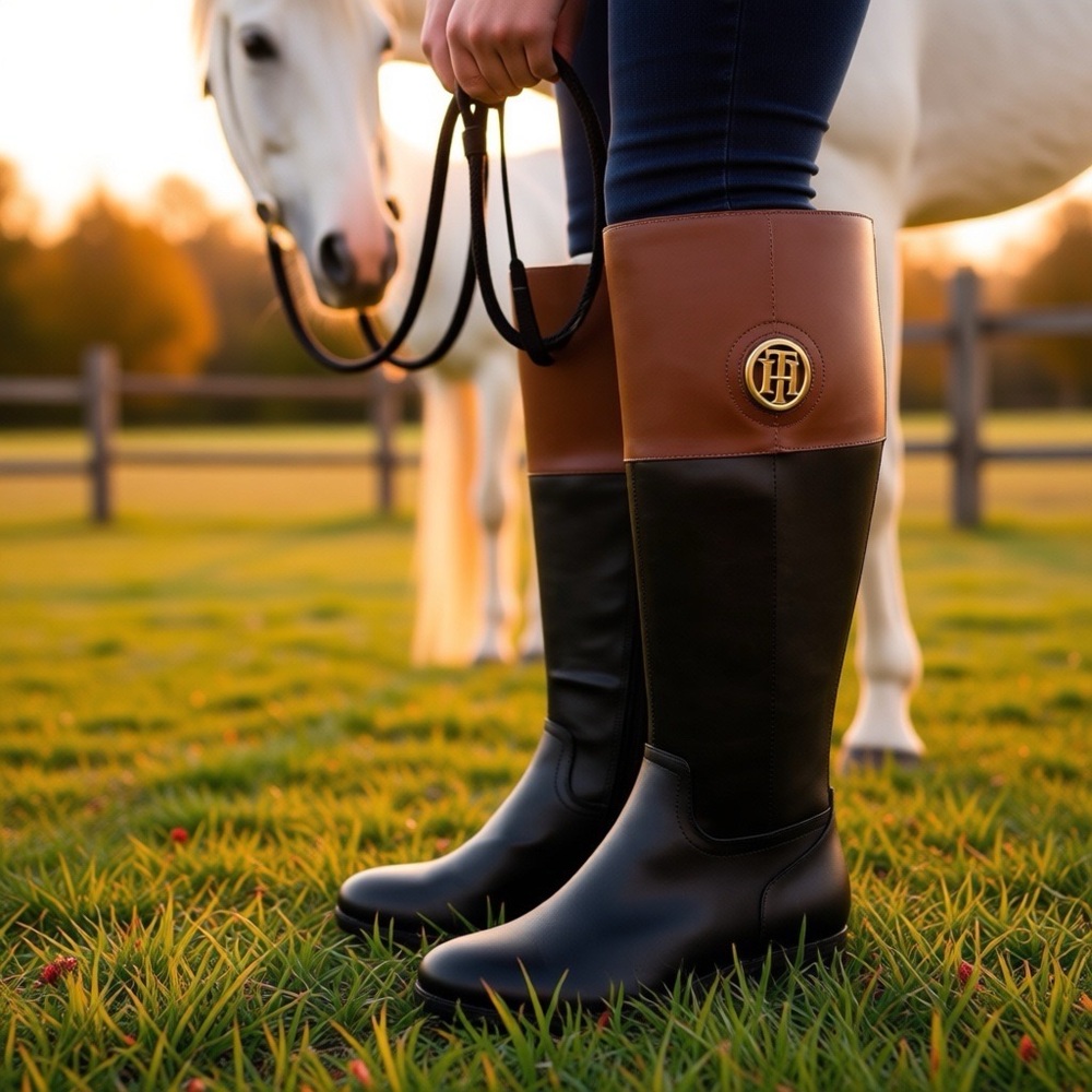 NEW TOMMY HILFIGER Sensora Black Brown Equestrian Knee High Riding Boots Sz: 7.5